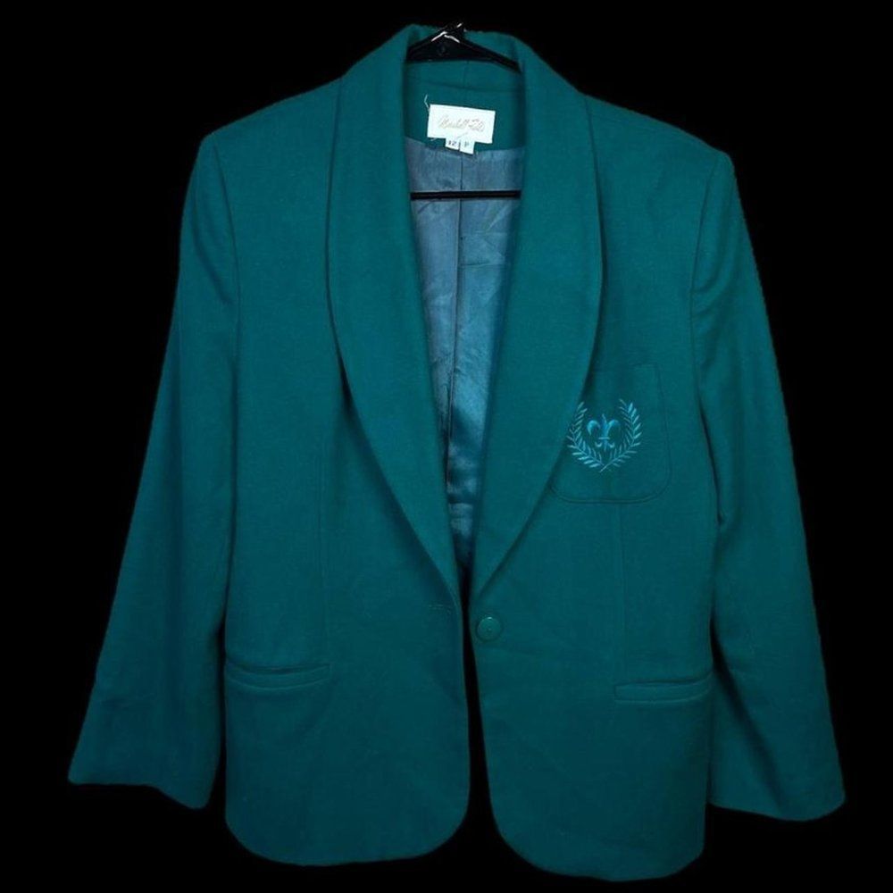 Vintage Teal Blazer Jacket Medium Wool Monogram Coat